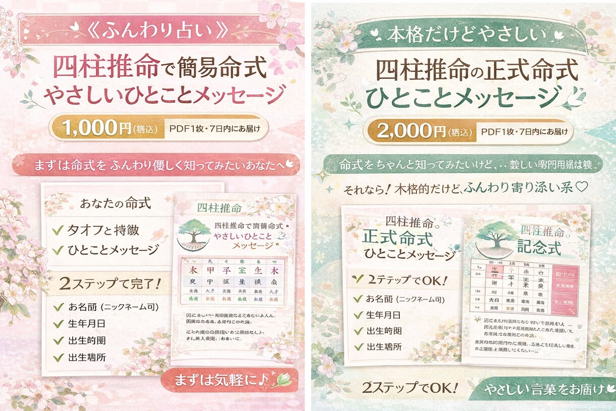 四柱推命の正式命式＋メッセージをお届けします ちゃんと知りたい。でも、やさしく言葉にしてほしいあなたへ。 イメージ1