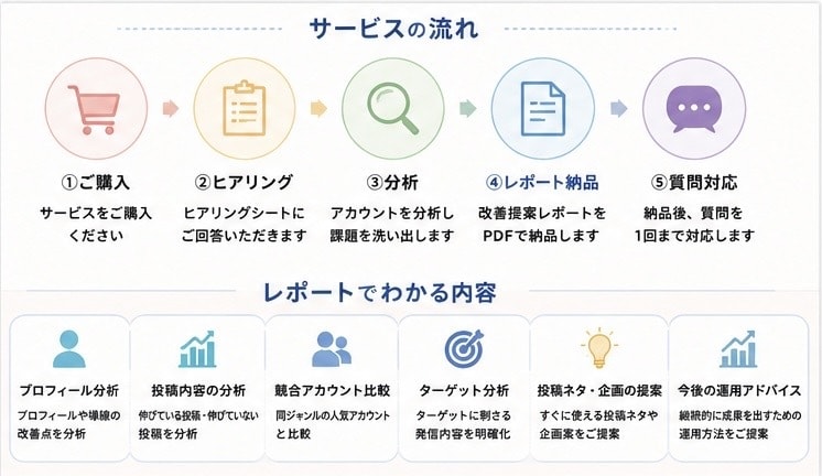 SNSアカウントを分析し改善提案します 現状の課題を見える化し、次にやるべきことを明確にします イメージ3