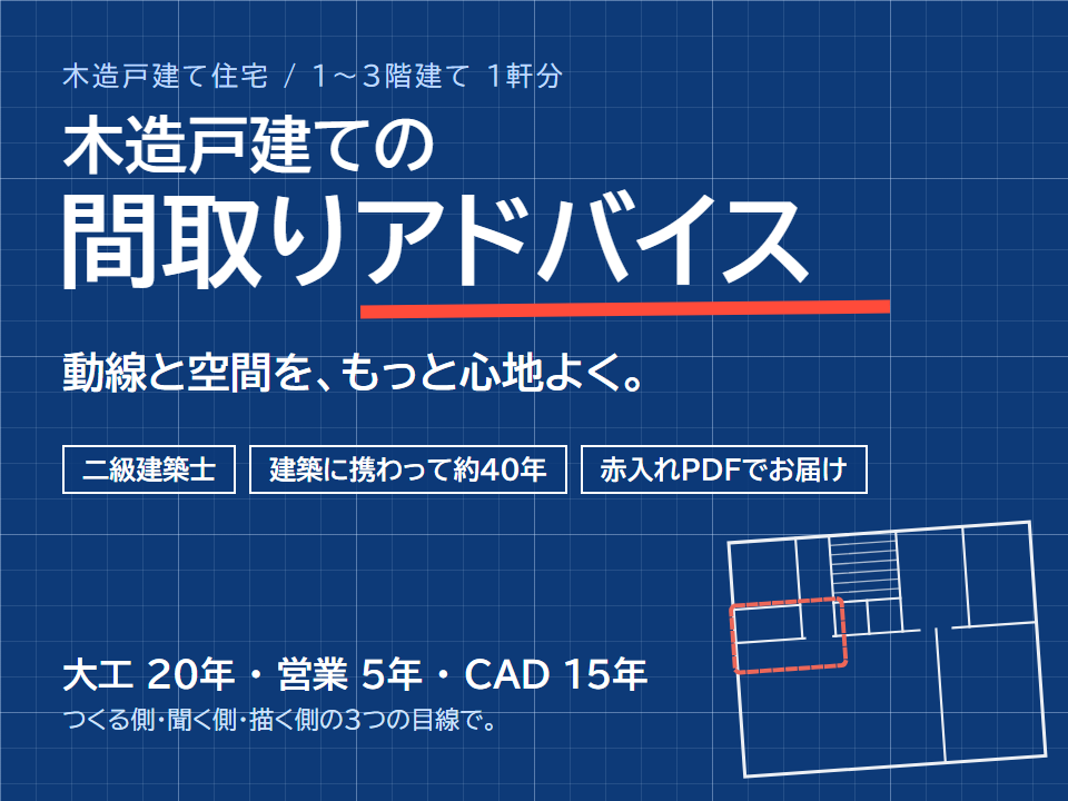 二級建築士が戸建ての間取りと動線をアドバイスします 大工20年・営業5年・CAD15年の経験で見ます イメージ1