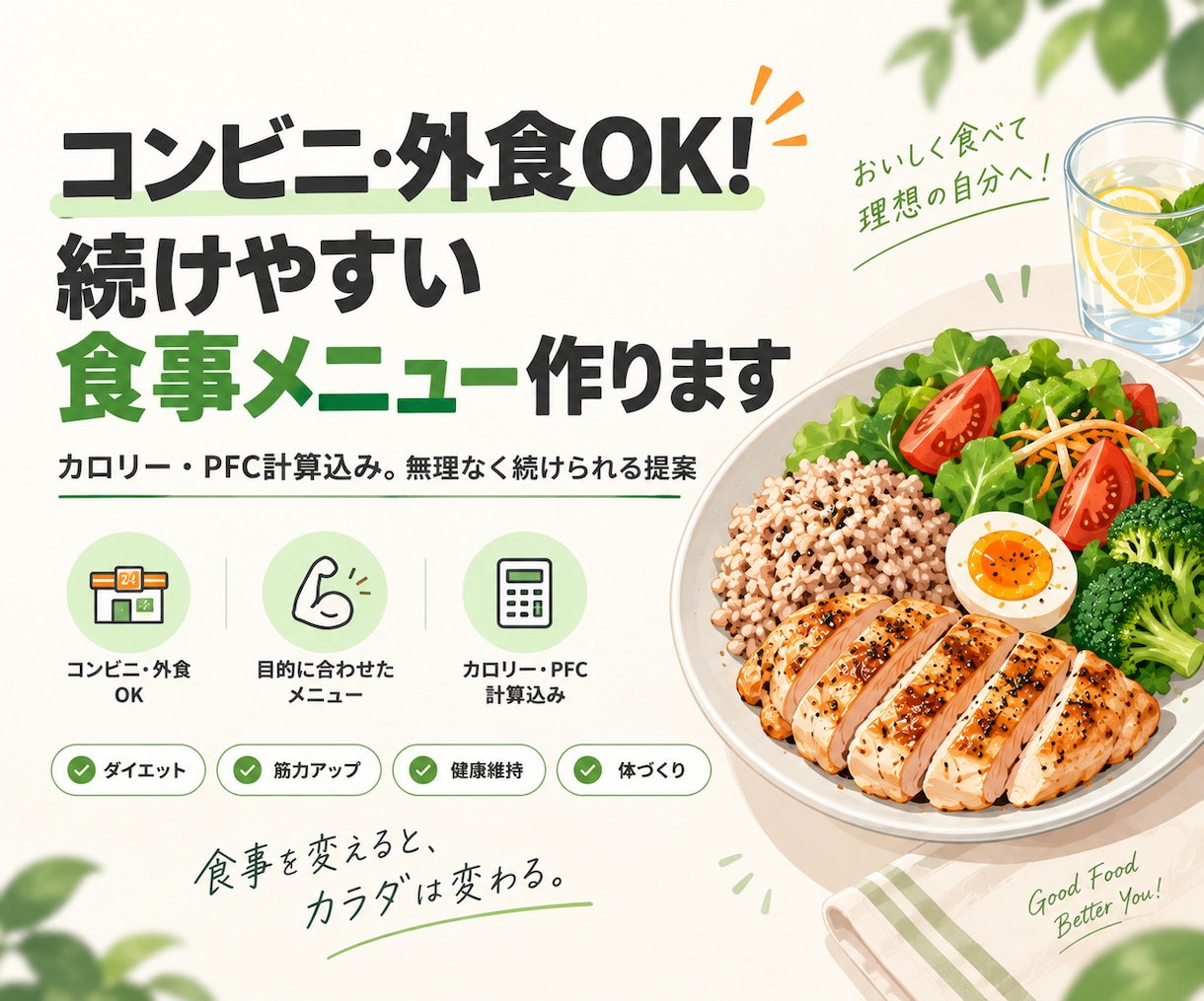 コンビニ・外食OK!続けやすい食事メニュー作ります カロリー・PFCの計算。あなた専用の食事メニューを提案します イメージ1