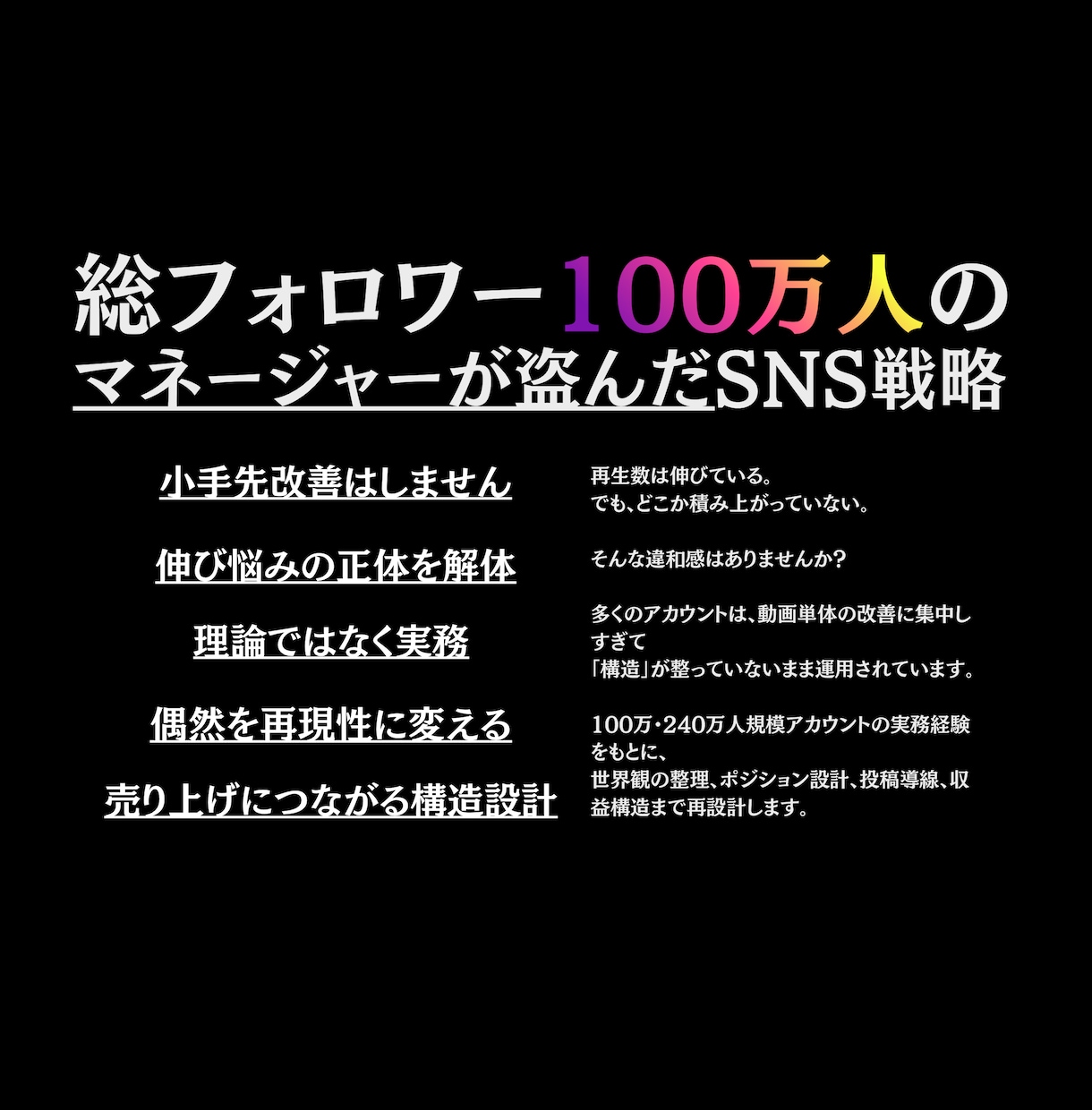 総フォロワー100万人のSNS戦略を教えます 動画編集から理論ではなく現場基準のSNS戦略を教えます。 イメージ1