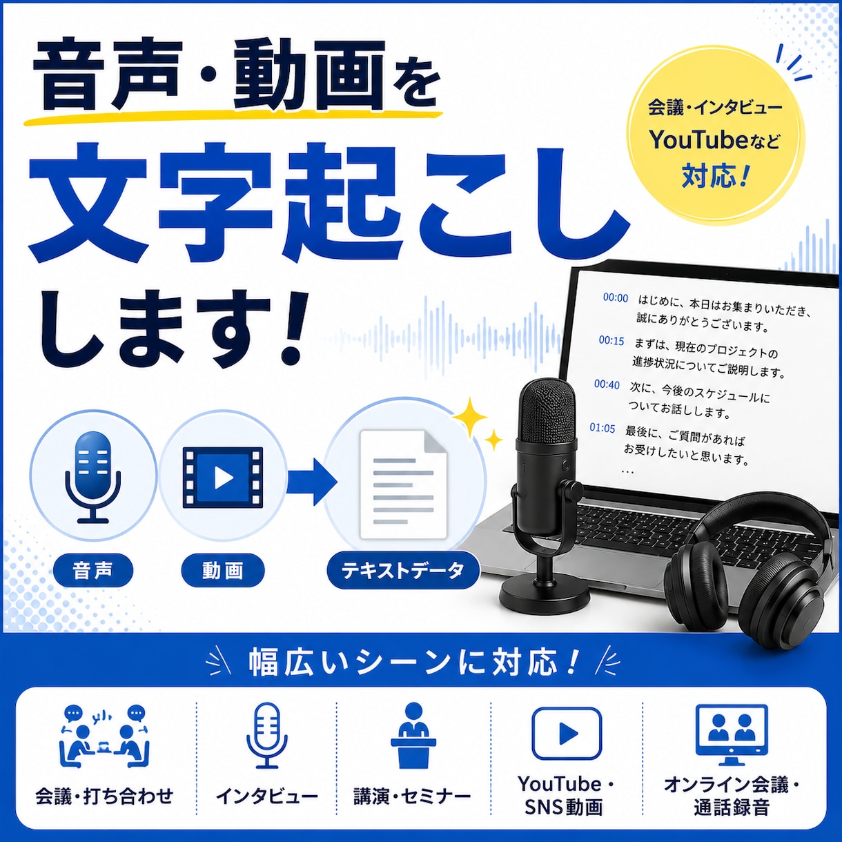 音声・動画を文字起こししますます 会議やインタビューなど幅広く対応します イメージ1