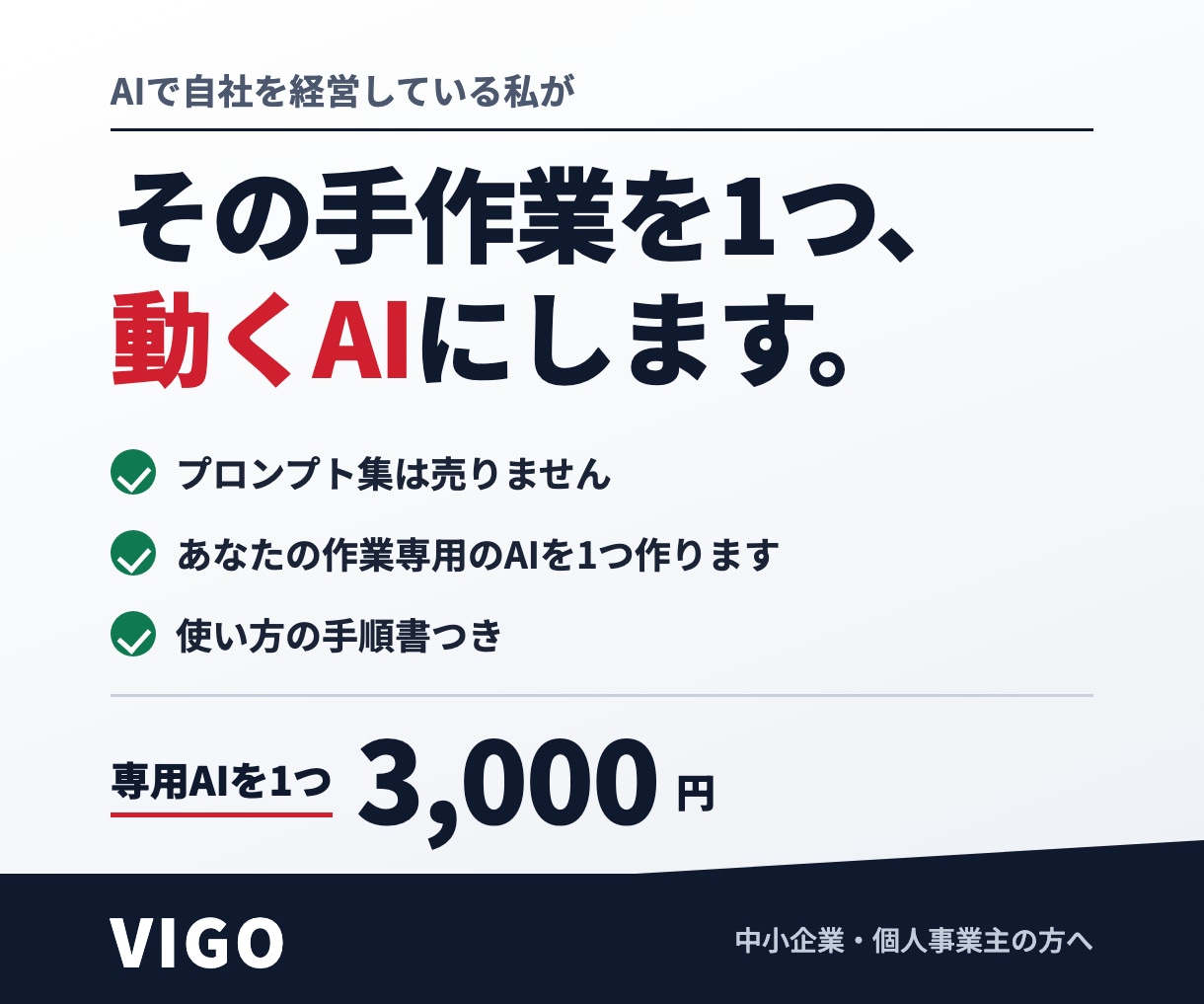毎日の手作業を1つ専用AIにして渡します プロンプト集ではなく、動くものを1つ納品します イメージ1