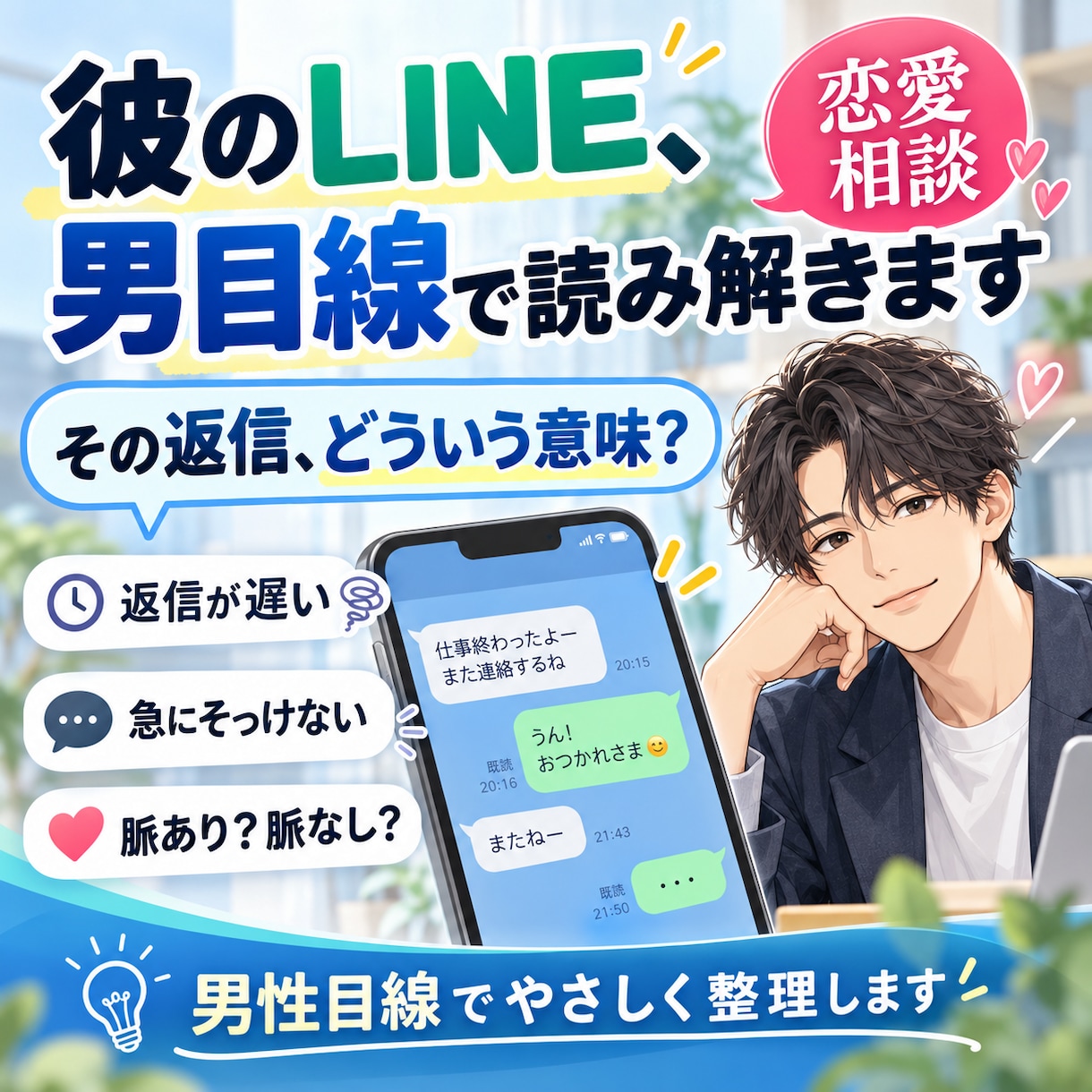 彼のLINE・行動から男の本音を一緒に読み解きます 「これってどういう意味？」を男性目線で一緒に整理します。 イメージ1