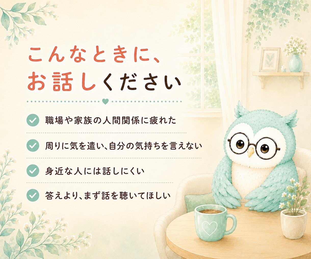 気を遣いすぎて疲れたあなたのお話を聴きます 誰にも気を遣わず、本当の気持ちを話せる場所です イメージ2