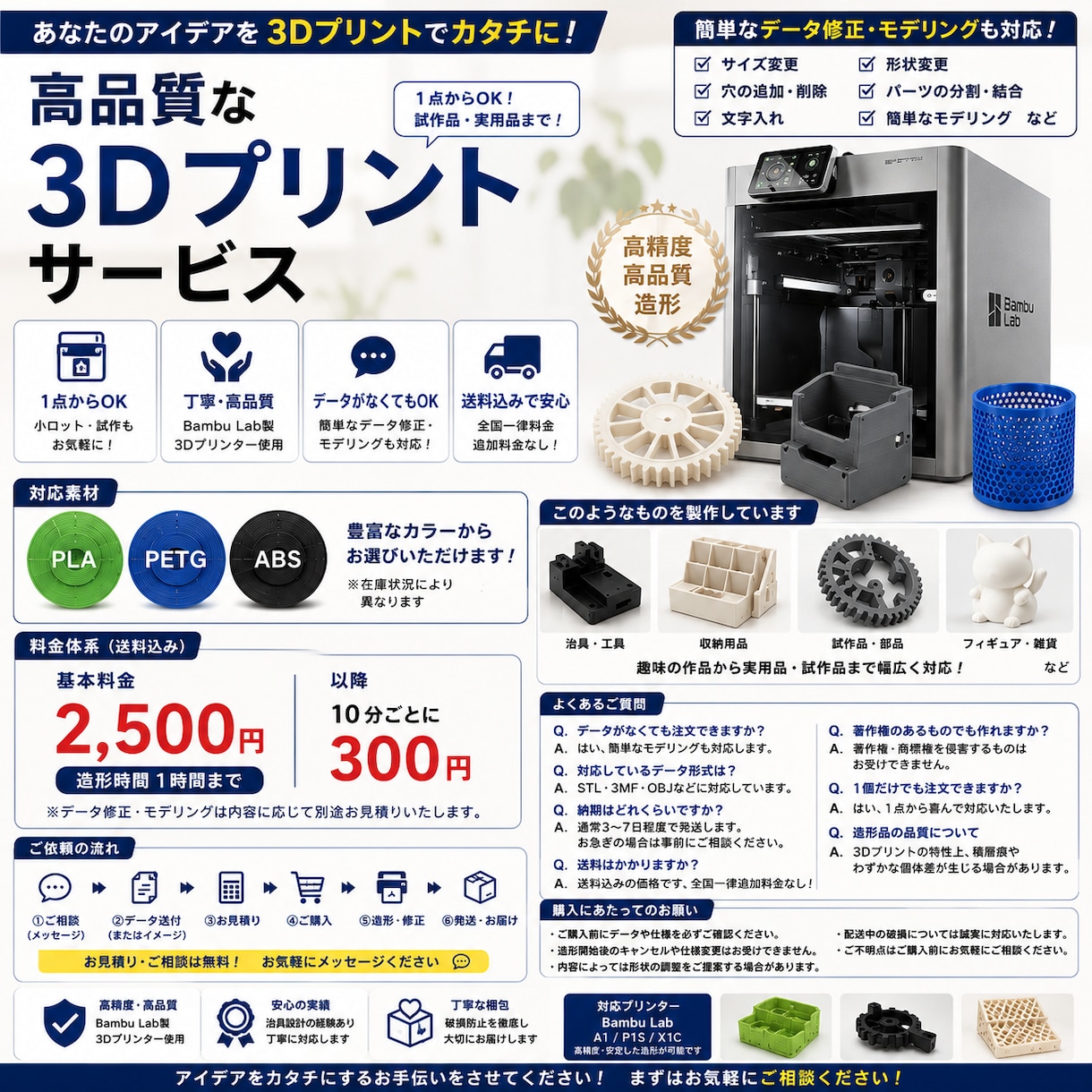3Dプリント代行｜1点から対応・高品質で仕上げます 1点からOK！高品質な3Dプリント造形サービスです。 イメージ1