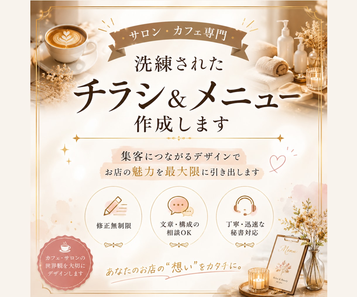 サロン・カフェ専門の上品なチラシメニュー作成します 心地よい余白と伝わる言葉で、お店の魅力を引き立てます イメージ1
