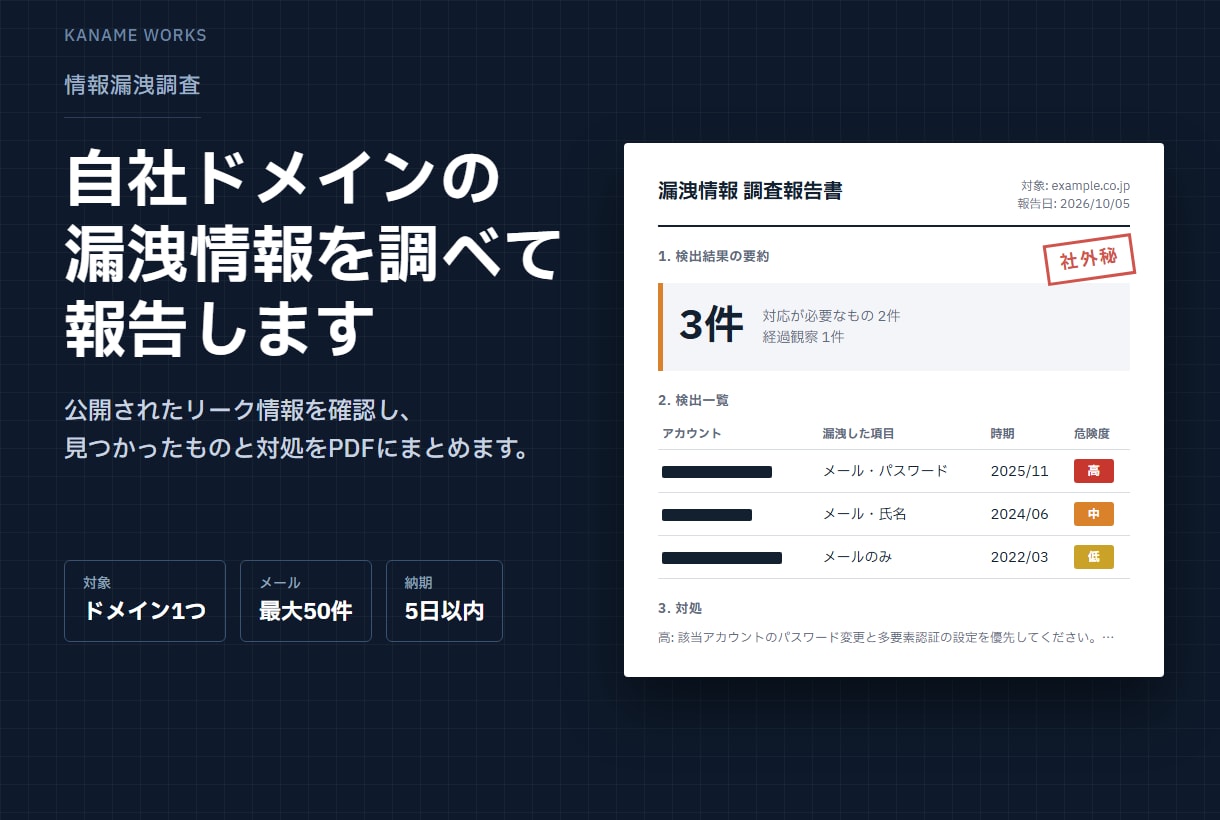 自社ドメインの漏洩情報を調査し報告します ドメイン１つ＋メール50件までリーク確認 イメージ1