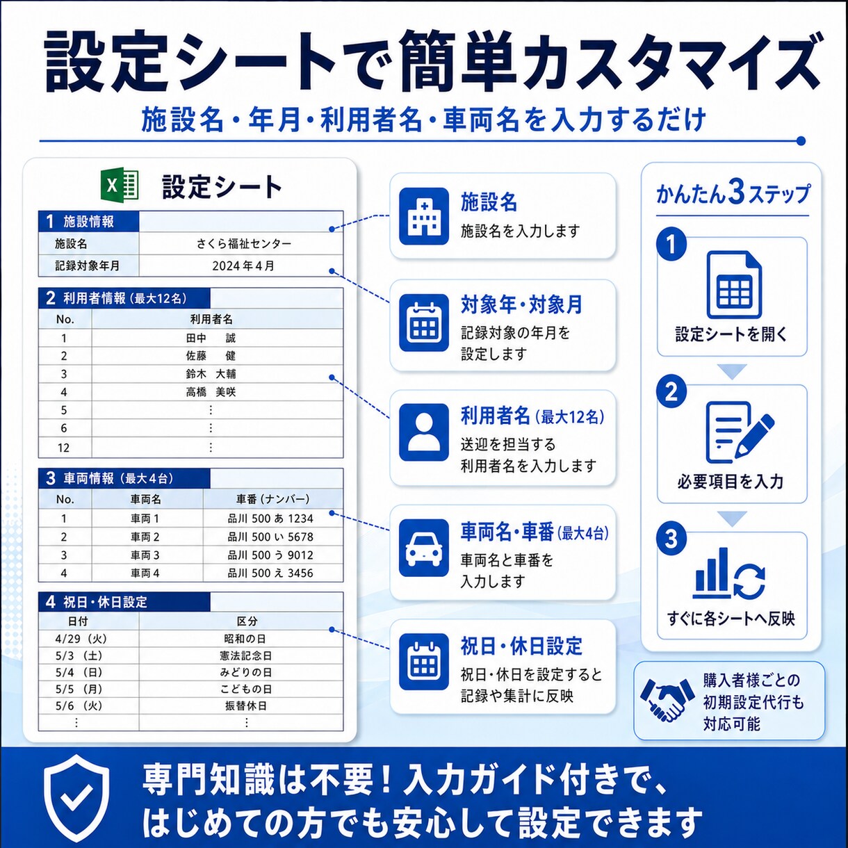 福祉・介護施設向け送迎記録表をカスタマイズします 施設名・利用者名・車両名の設定代行／項目変更も対応 イメージ4
