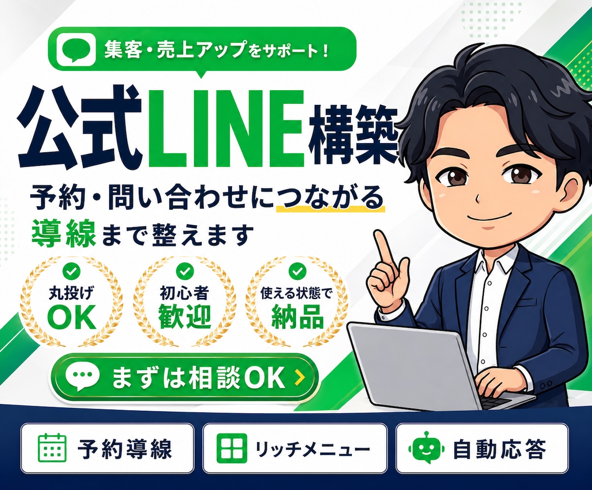 公式LINEの予約・問い合わせ導線を設計構築します 何を設定すればいいか分からない方でも、丸ごと相談できます。 イメージ1