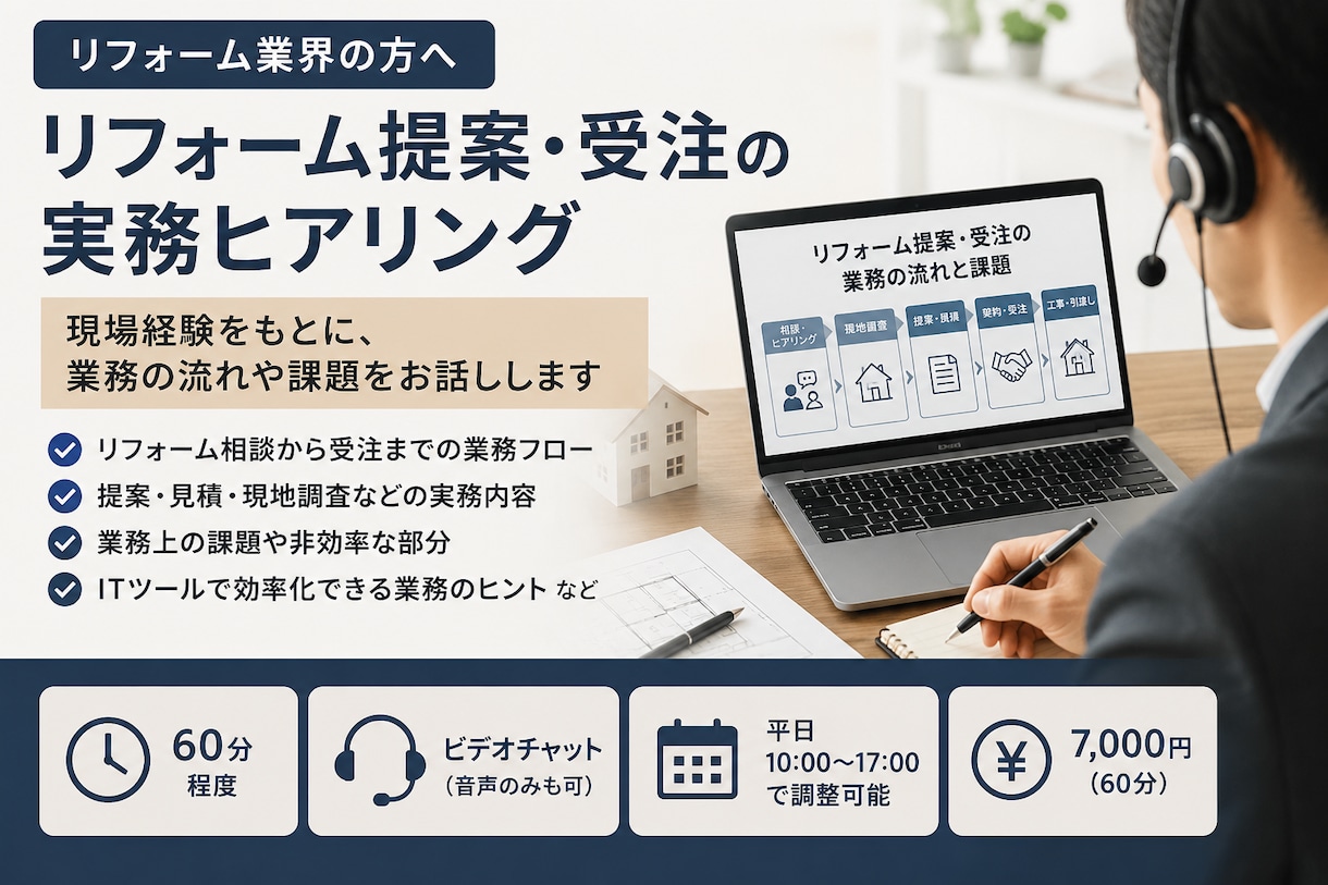 リフォーム業務の実務経験者へのヒアリング対応します リフォーム現場の実務と課題をお話しします イメージ1