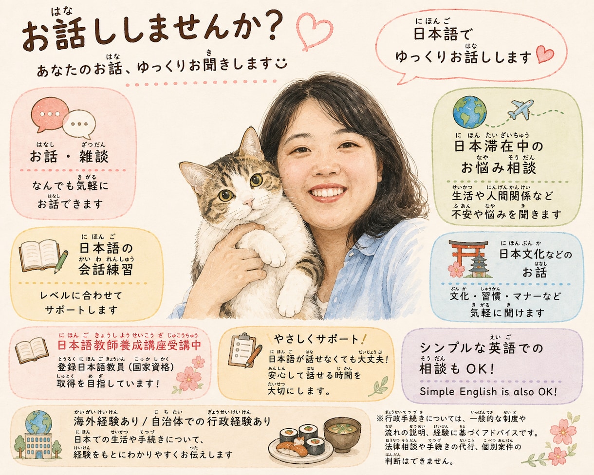 日常日本語会話を一緒に練習します 日本語教師の卵と気軽にお話しましょう イメージ1