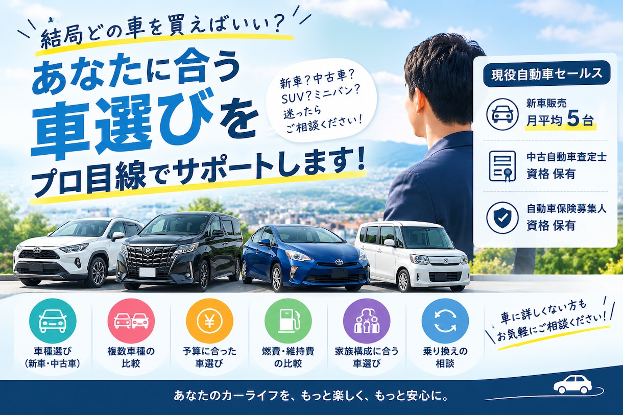 現役セールスが車選びをプロ目線でサポートします 「結局どの車を買えばいい？」を現役セールスが一緒に解決します イメージ1