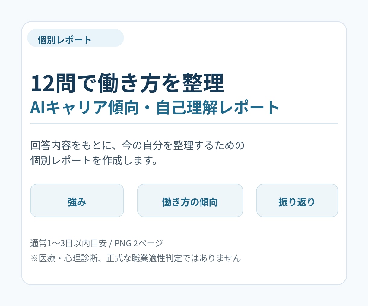 12問で働き方の傾向を個別レポートにまとめます 働き方・強み・振り返りポイントを整理 イメージ1