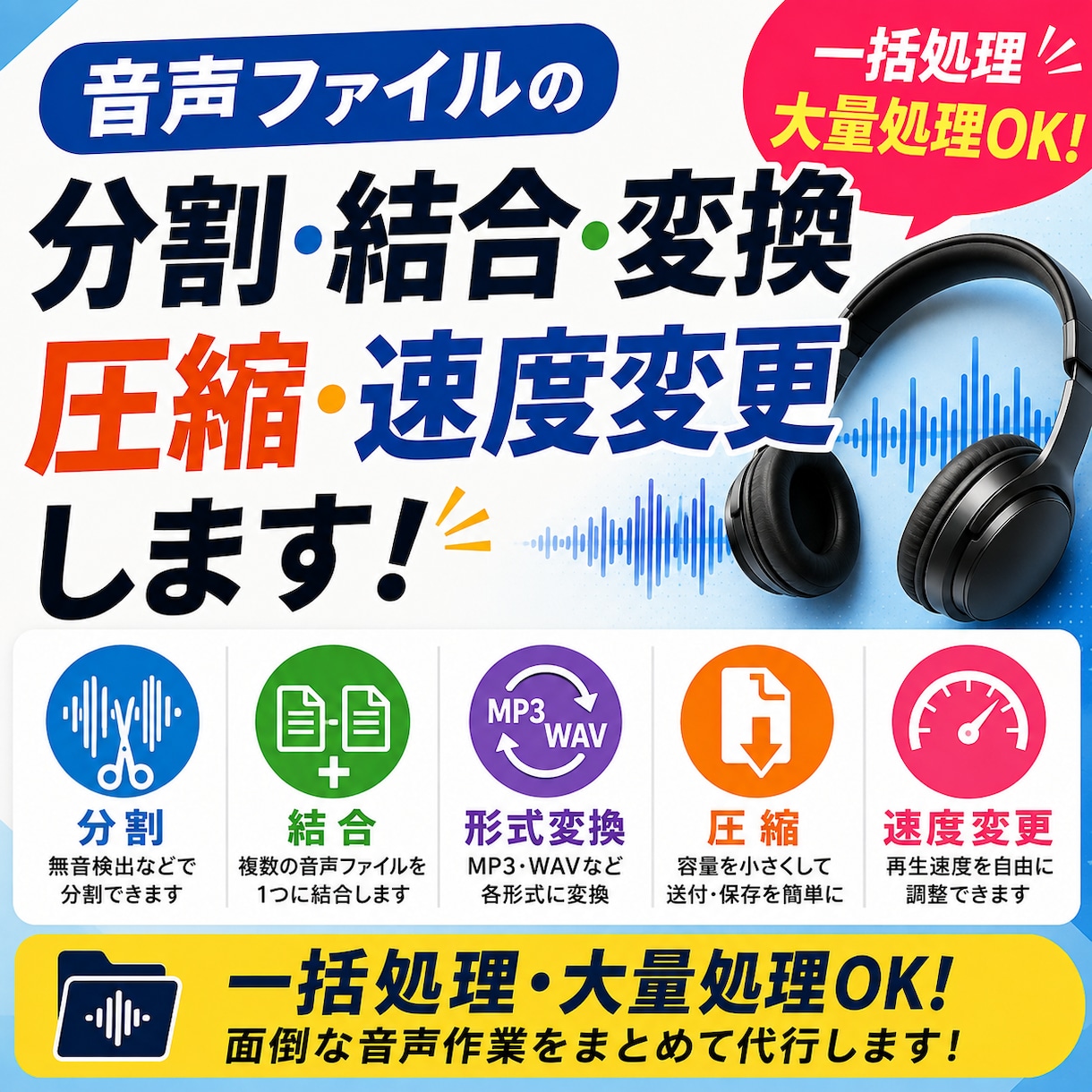 音声ファイルの分割結合・変換・圧縮・速度変更します 一括処理・大量処理にも対応！面倒な音声作業を代行します イメージ1