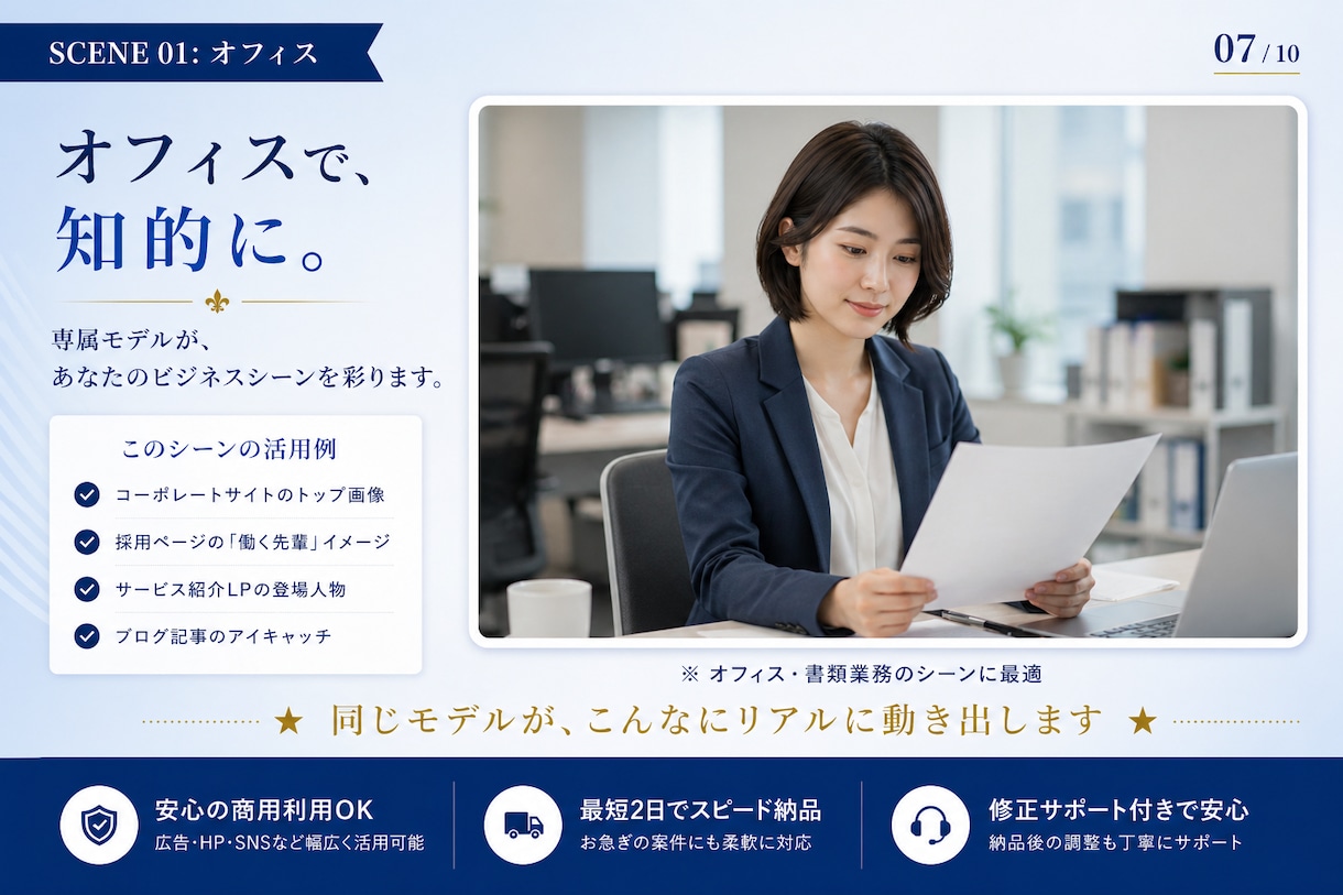 同一人物で統一感ある広告・SNS素材を量産できます 同じ顔・違うシーン。広告もSNSも、これ1人で全部いける。 イメージ7