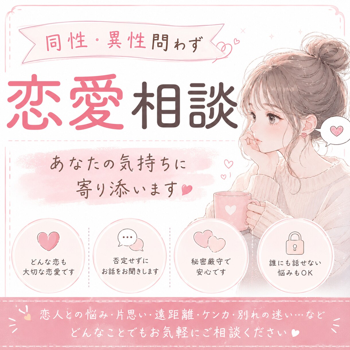 恋愛のお悩み、あなたの気持ちに寄り添います どんなお気持ちも安心してご相談ください♡ イメージ1