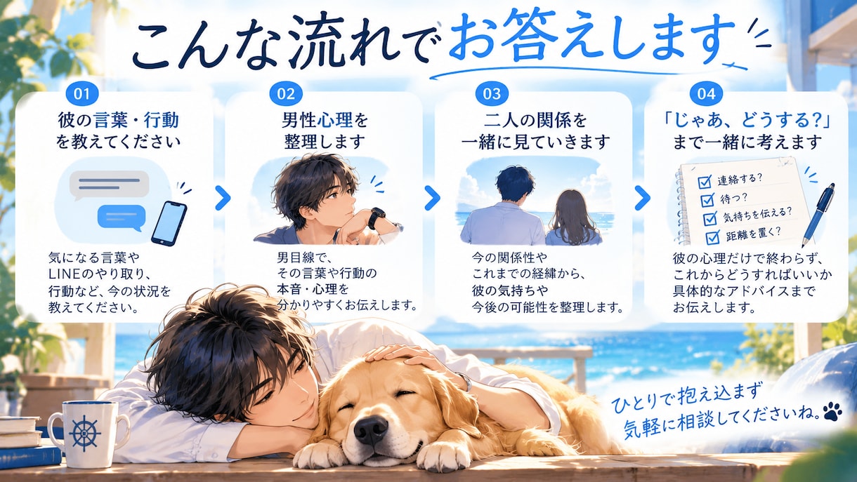 男目線で彼の本音を一緒に整理します 400件以上の恋愛相談経験から男性心理を読み解きます イメージ2