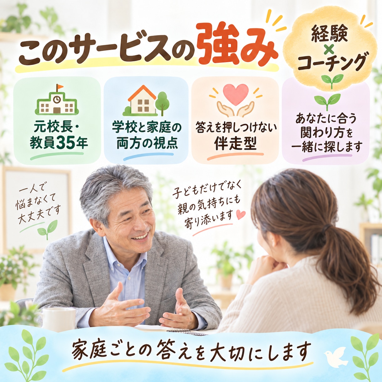 誰にも言えない子育て中の悩みに元校長が寄り添います 学校と家庭を知る元校長があなたらしい子育てに伴走します イメージ1