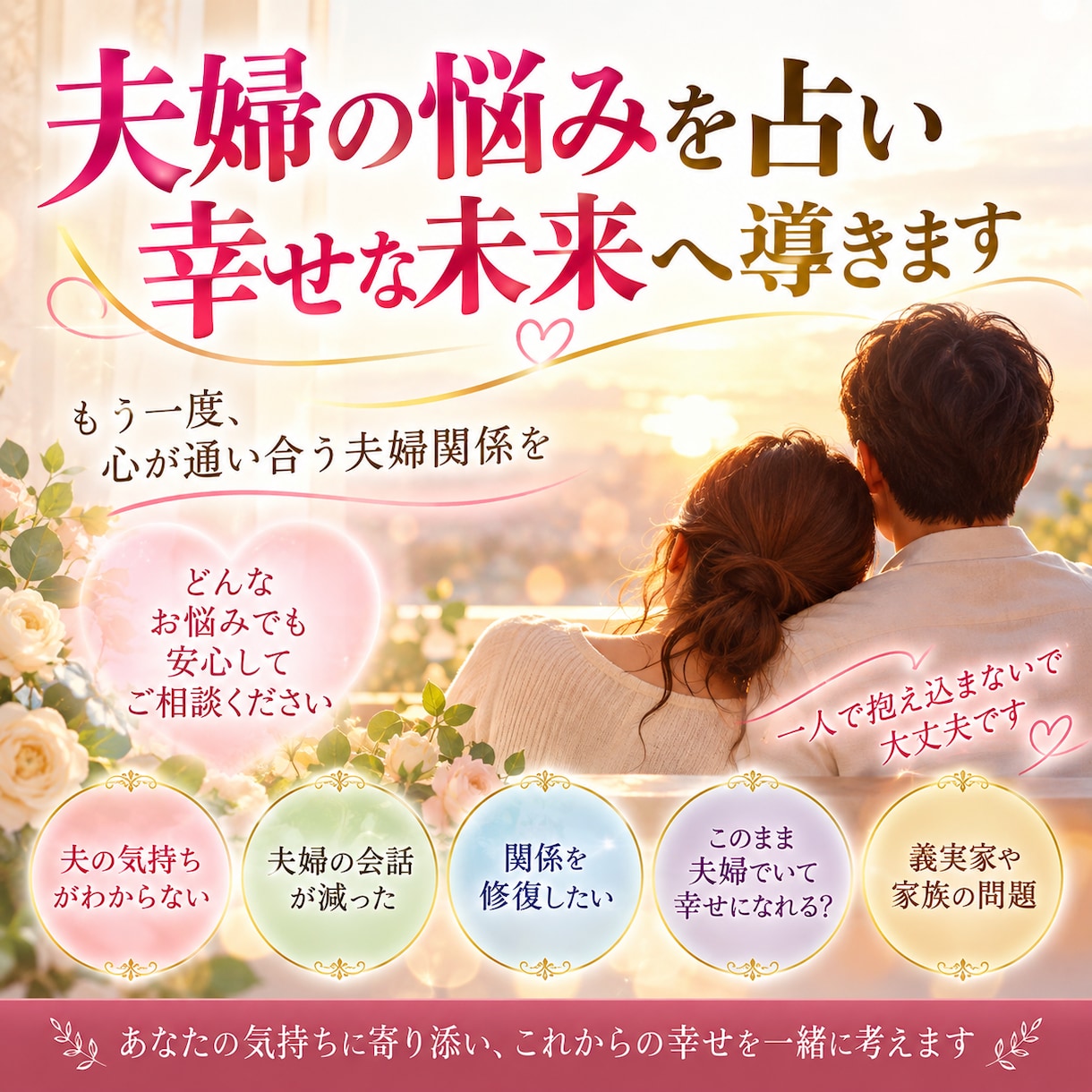 夫婦の悩みを占い、幸せな未来へ導きます 夫の本音と夫婦円満のヒントを読み解きます イメージ1