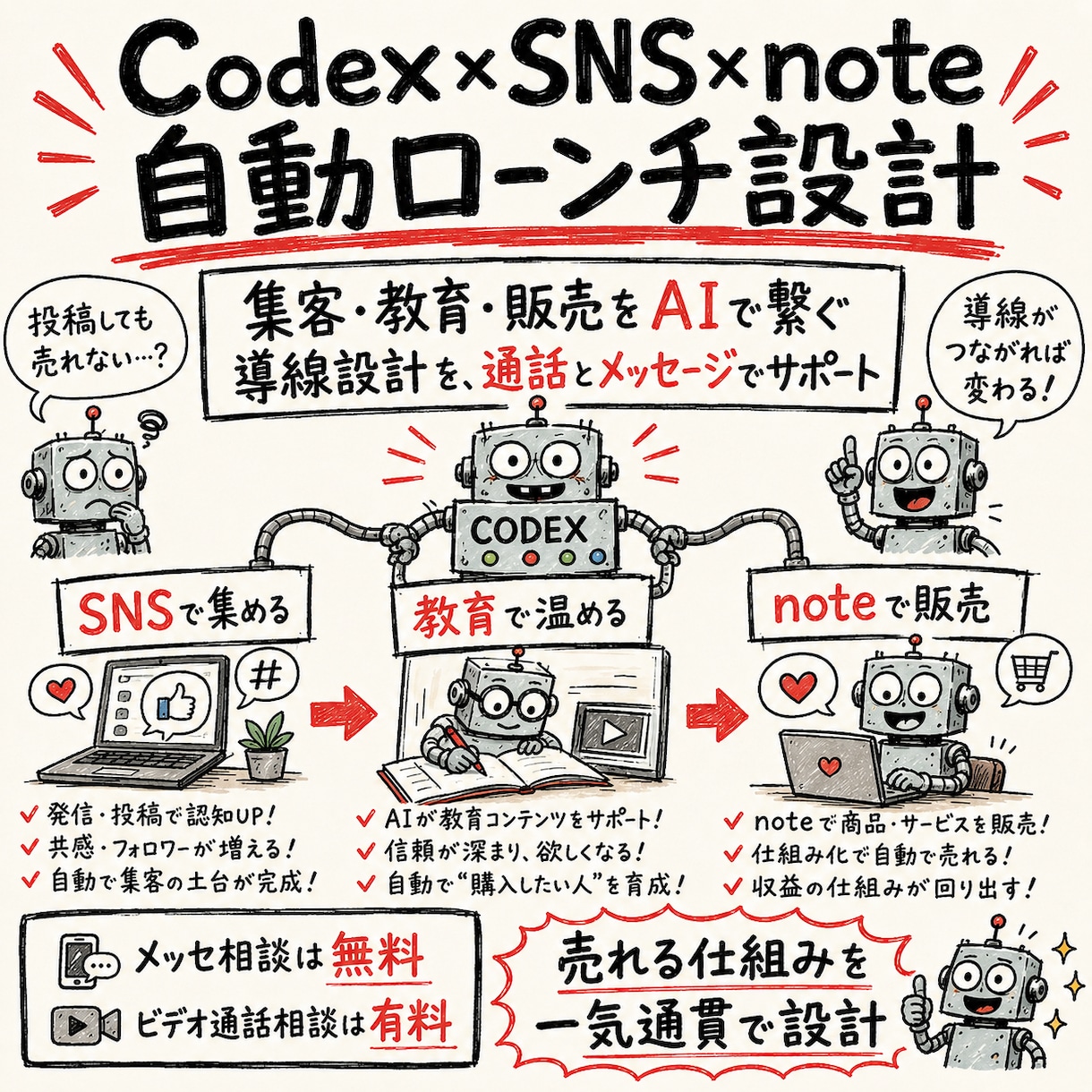Codex×SNS×note自動ローンチ設計します 集客・教育・販売をAIで繋ぐ導線設計を、通話とメッセサポート イメージ1