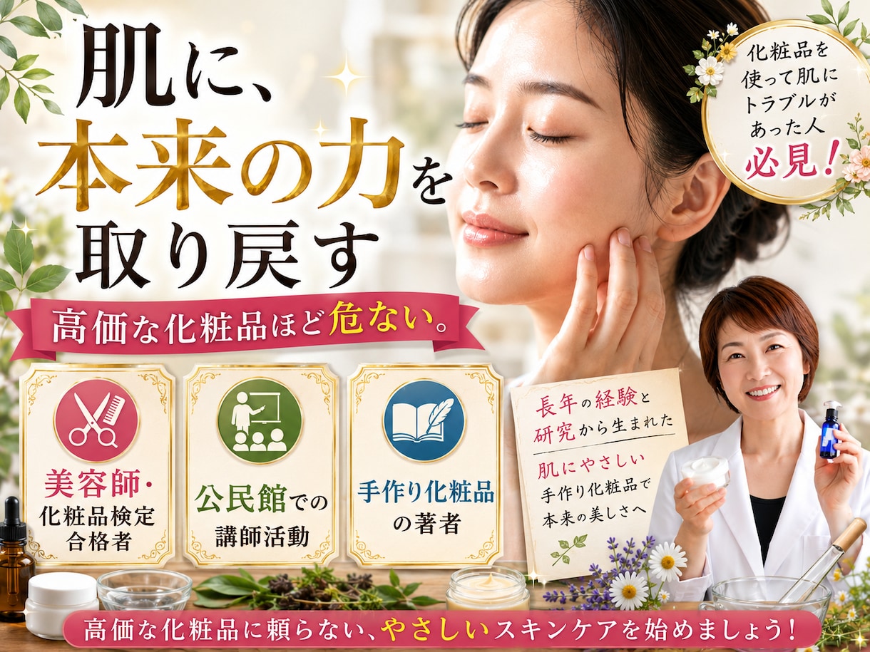あなたの肌に寄り添う手作りコスメをご提案します 期間限定（9/30まで）、3名様だけの特別価格です。 イメージ1