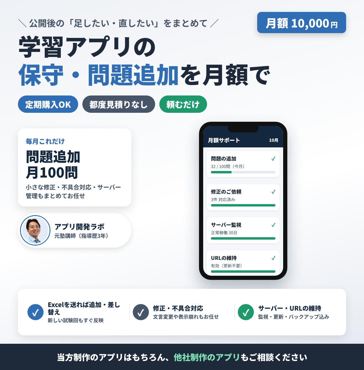 学習アプリの問題追加・保守を月額でサポートします 公開後の問題追加・修正・サーバー管理をまとめてお任せ イメージ1