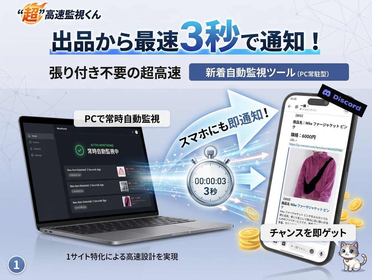 フリマ新着監視ツール「”超”高速監視くん」売ります 価格やキーワードに合致する新着商品をPCやスマホに高速通知！ イメージ1