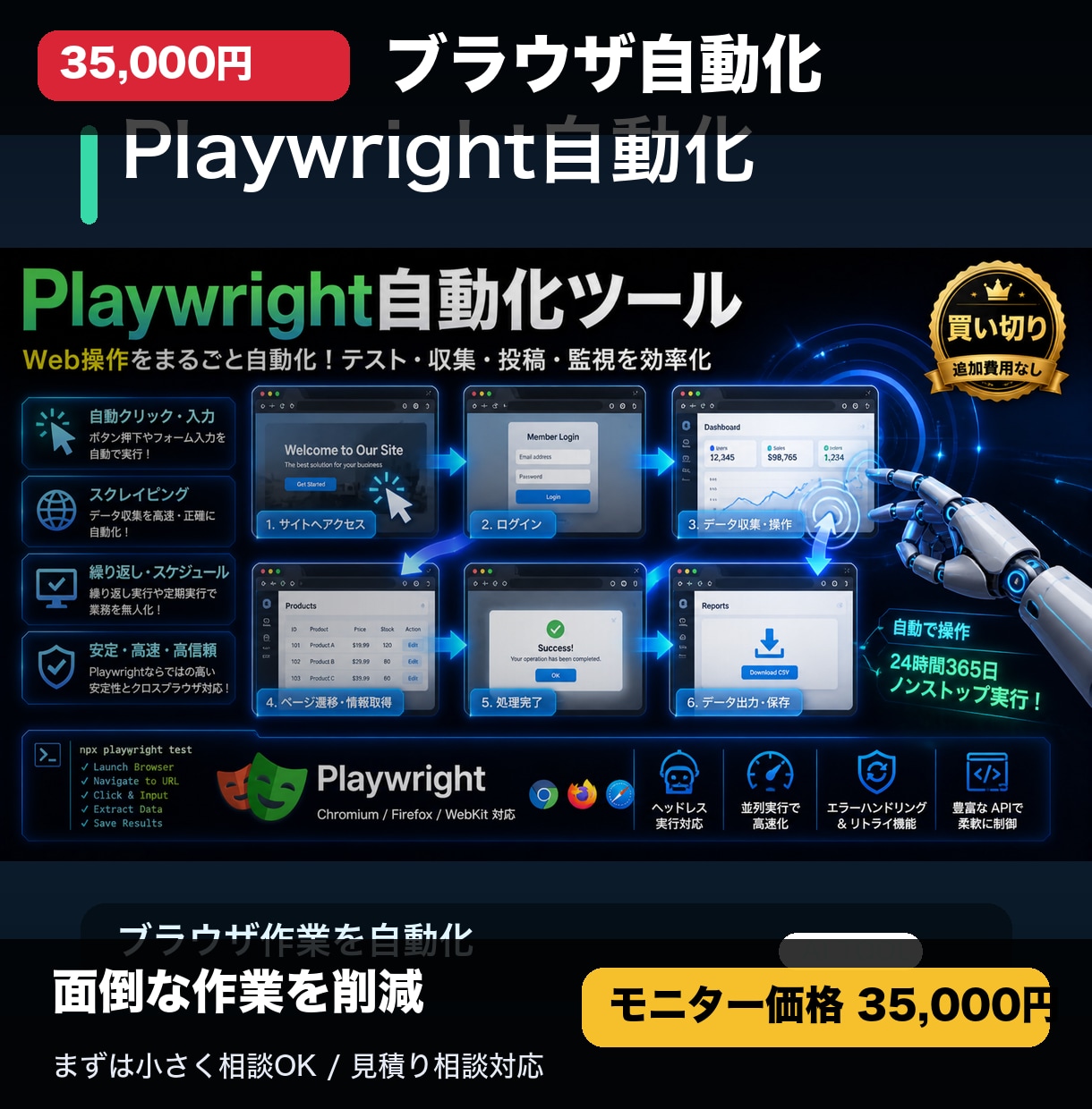ブラウザ自動化ツールを開発します 繰り返し作業をPlaywrightで自動化します イメージ1