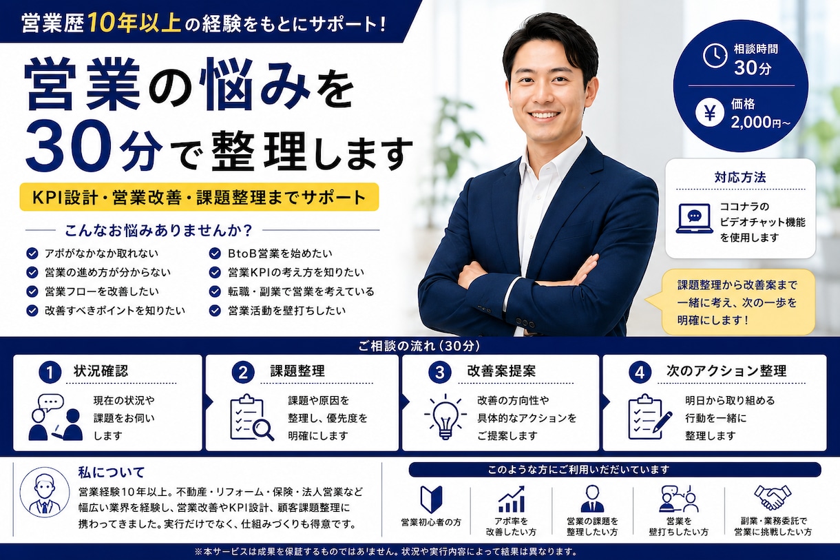 営業歴10年以上｜営業の悩みを30分で整理します KPI設計・営業改善・課題整理までサポートします イメージ2