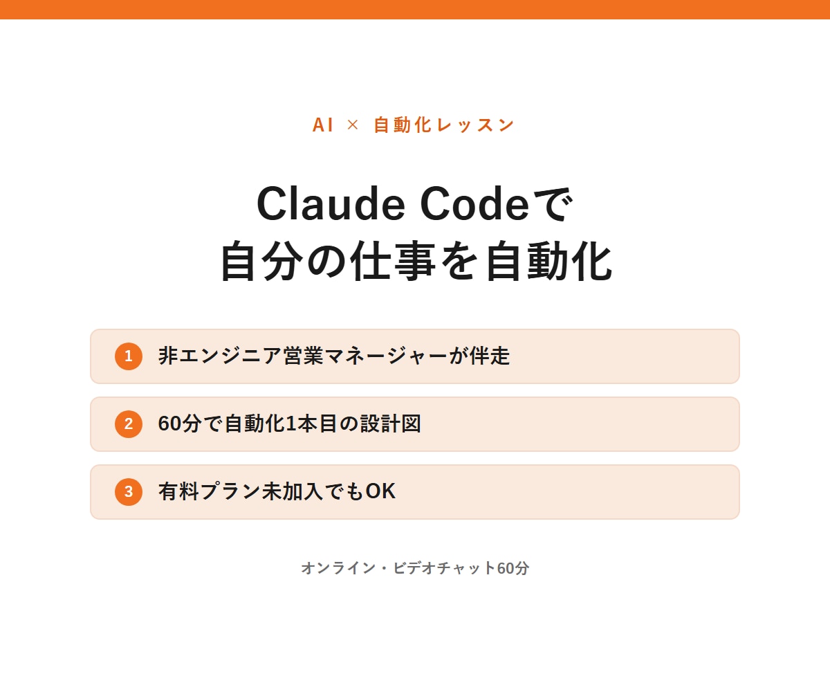 Claude Codeで自分の仕事を自動化します 非エンジニア営業マネージャーが60分伴走。設計図を持ち帰る イメージ1