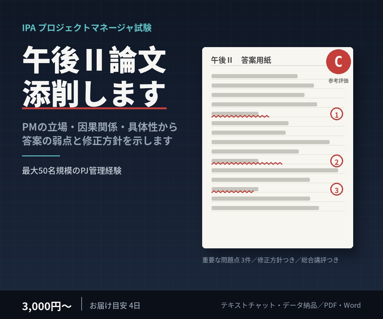 IPAプロジェクトマネージャ午後Ⅱ論文を添削します PMの立場・因果関係・具体性から答案を診断します イメージ1