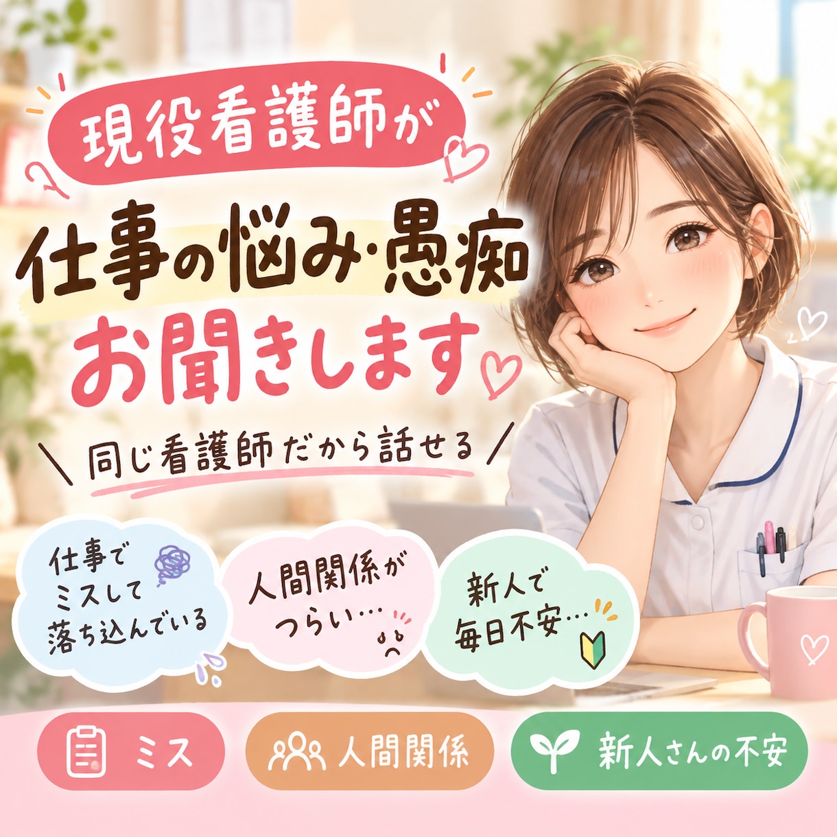 現役看護師があなたの悩みや愚痴を優しくお聞きします 仕事・家庭・恋愛の悩みも、誰にも言えない愚痴も大歓迎です イメージ1