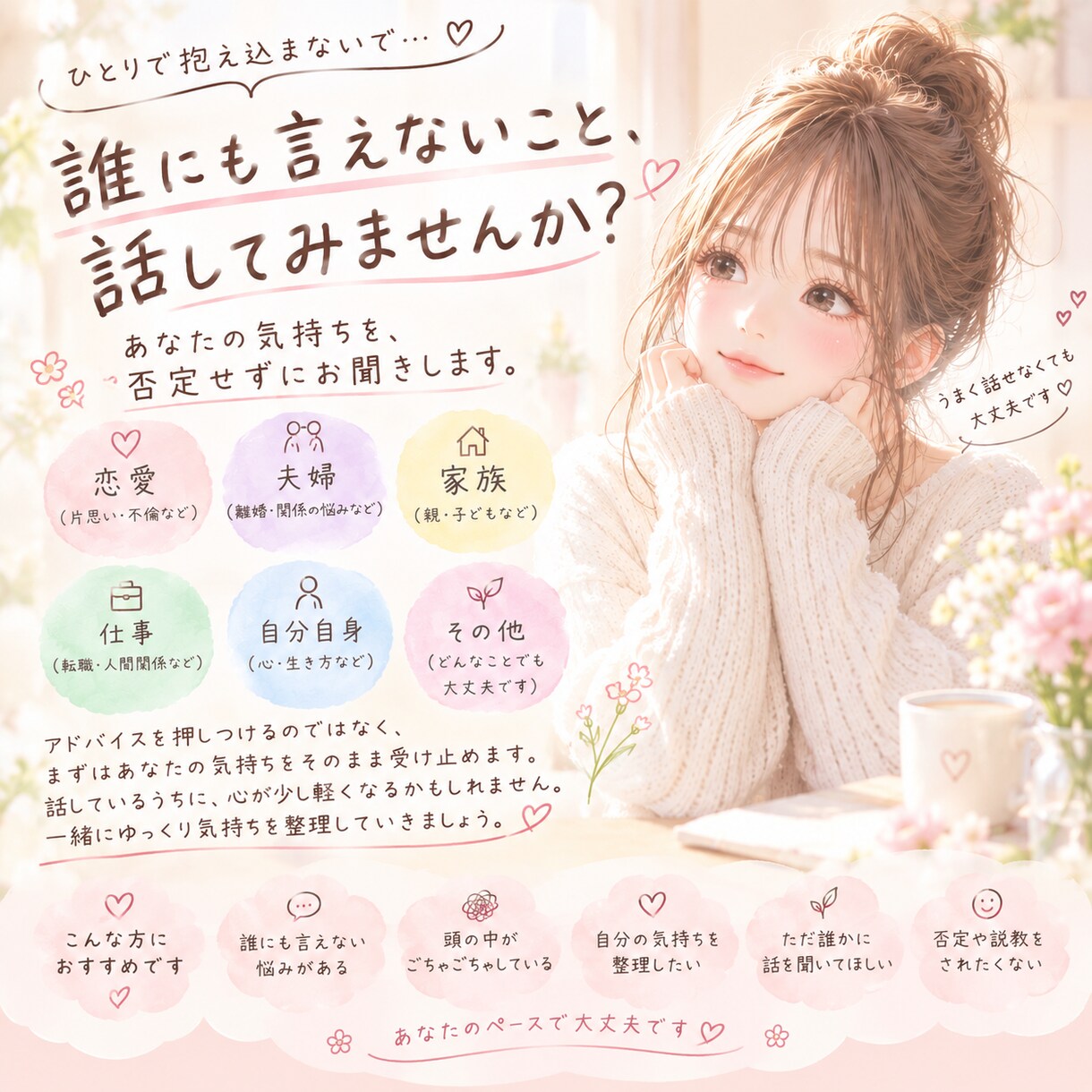 誰かと話したいあなたへゆっくりお話聴きます 人には話しにくいただ誰かと話したい気軽にお話しください イメージ1