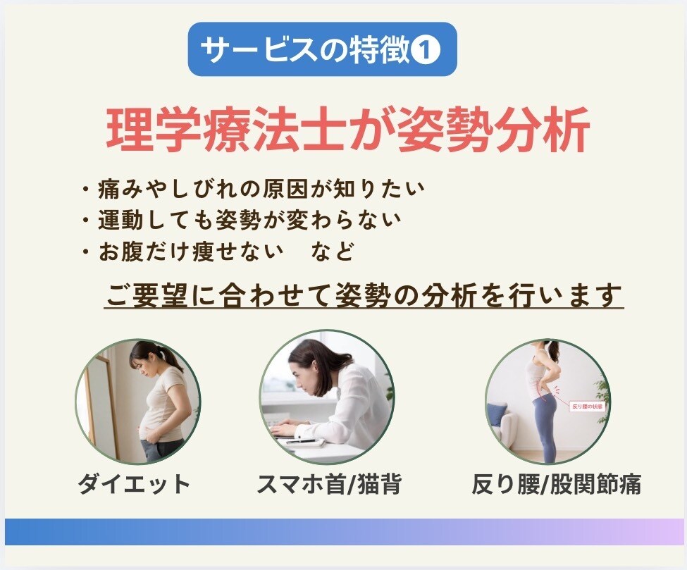 理学療法士(国家資格)がダイエット骨格分析します 姿勢分析タイプ別に必要なダイエット法、体のアドバイス悩み相談 イメージ2