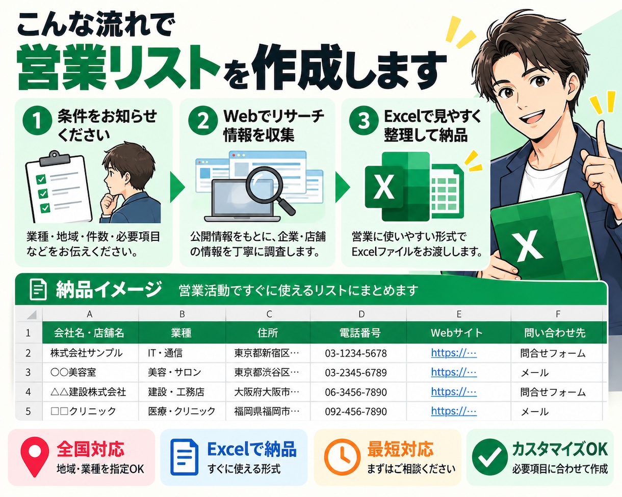 営業先をWebで調査して営業リストを作成します 企業・店舗をリサーチ！営業に使いやすいExcel一覧に整理！ イメージ3