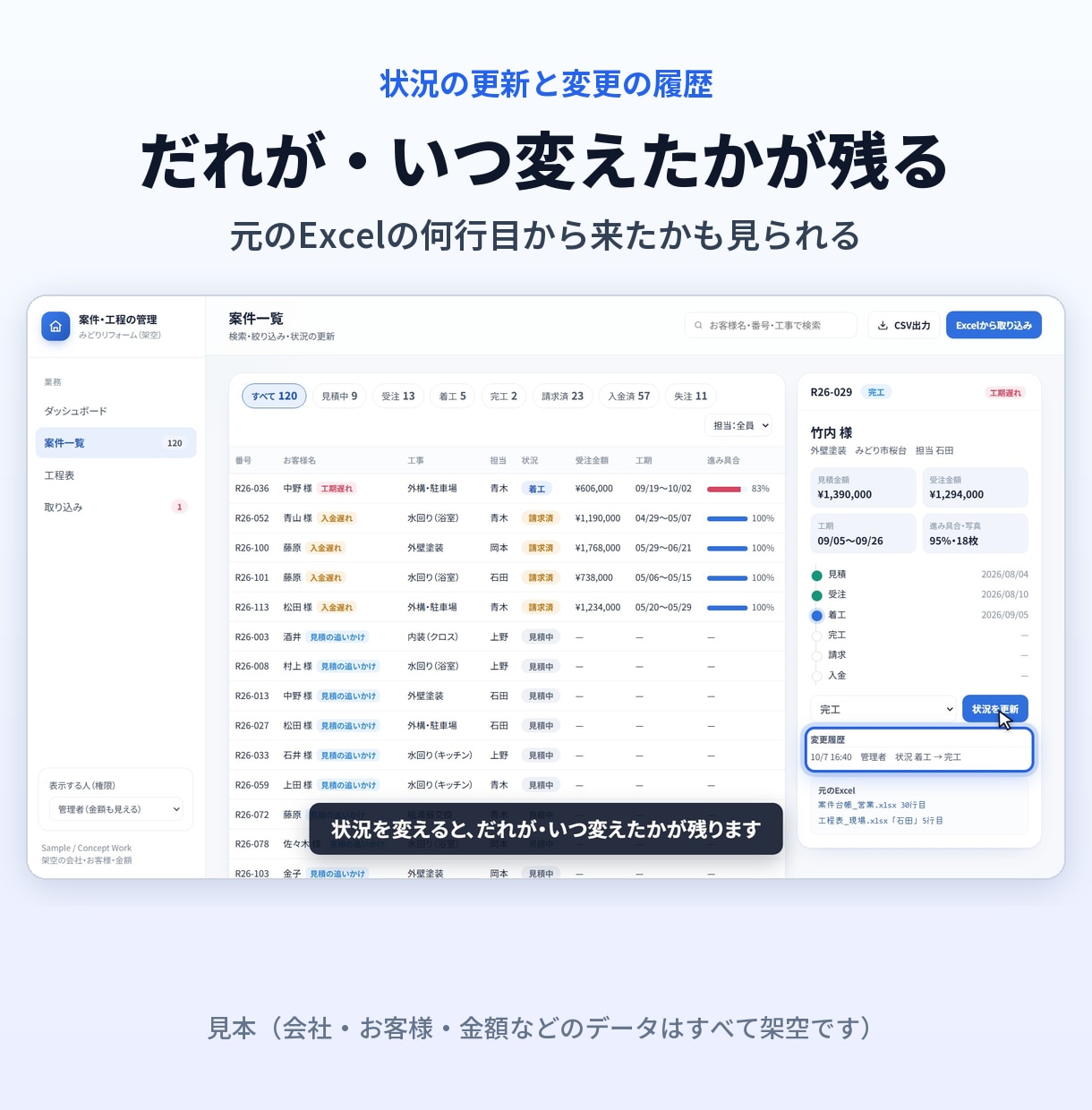 案件・工程管理：Excel台帳を管理画面にします まず台帳1冊の整理を1万円から。本体は3万円〜 イメージ2