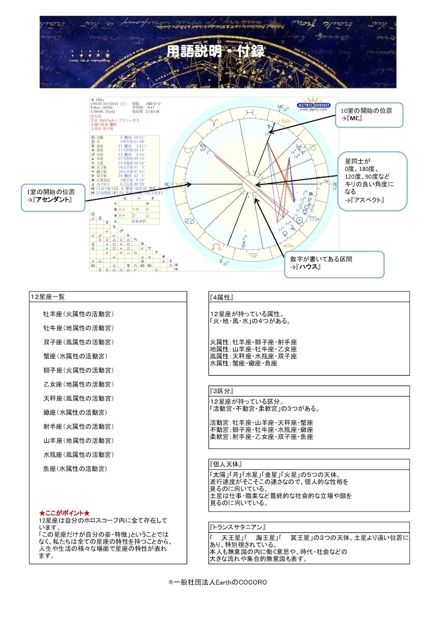 自分の社会や仕事での特性や得意なことを鑑定します 本格的なホロスコープの読み方の解説とオリジナル鑑定書付き！ イメージ4