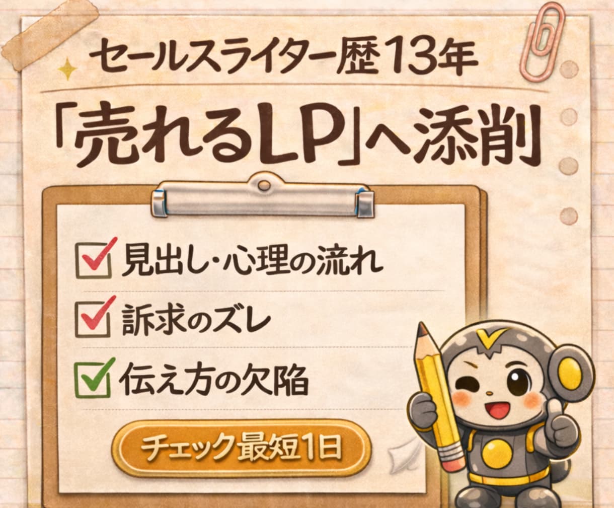 セールスライター歴13年【売れるLP】へ添削します ライティング顧問経験からCVがアガる文章を総点検 イメージ1
