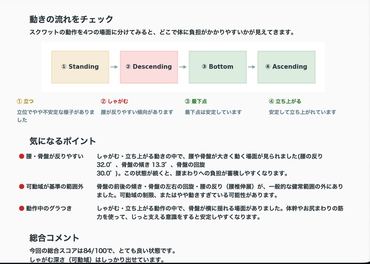 OpenCap動作解析をPDFレポート化します 5動作対応。ROM・左右対称性・所見コメント付きPDF作成 イメージ8