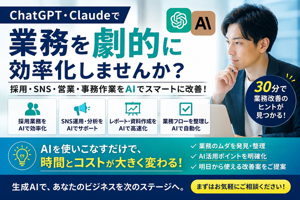 生成AIで業務改善を支援します 採用・SNS・営業事務をAIで効率化 イメージ1