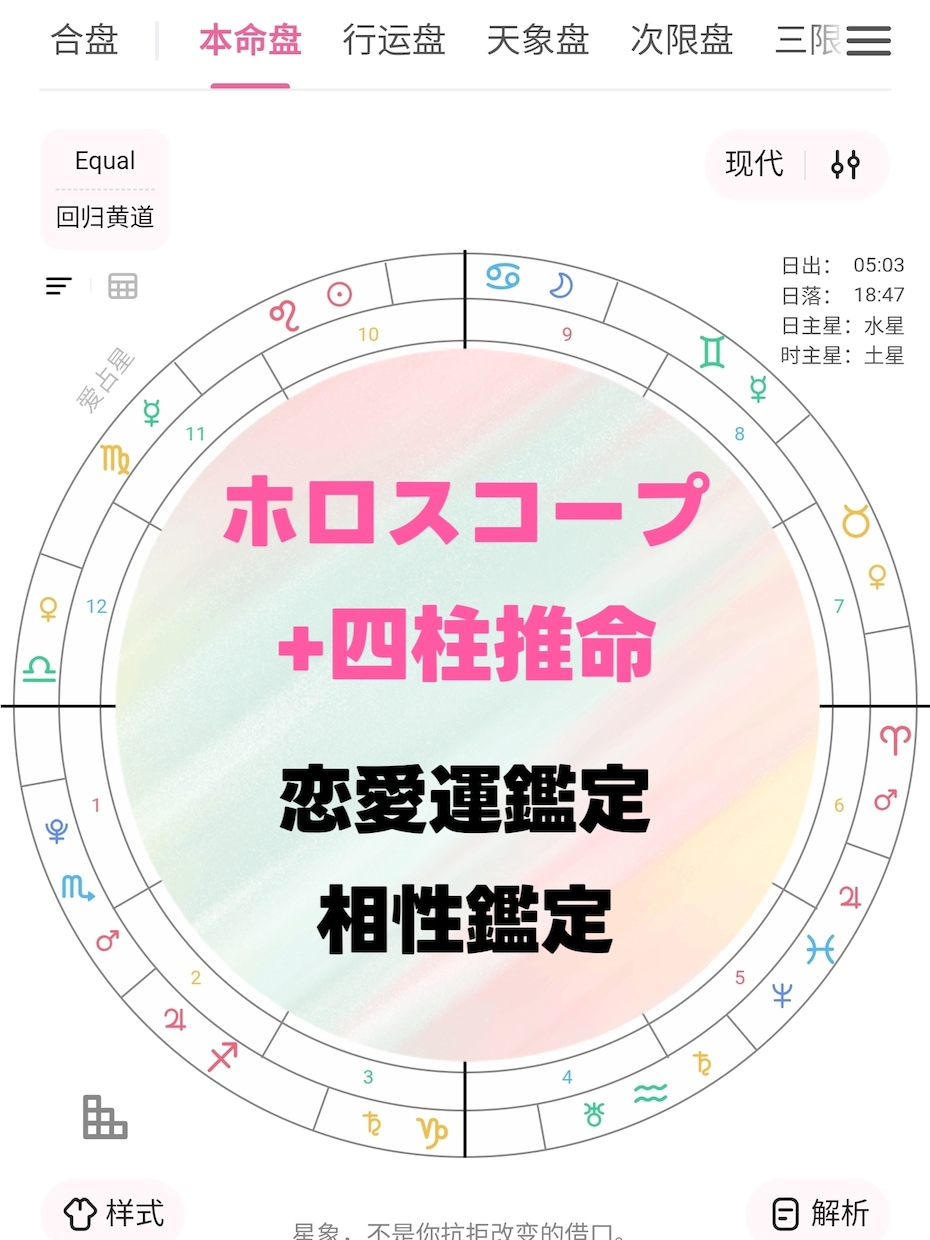 ホロスコープ+四柱推命 恋愛運鑑定、相性鑑定します ご自身の宿命と運気、二人の相性を西洋と東洋の両面から分析 イメージ1