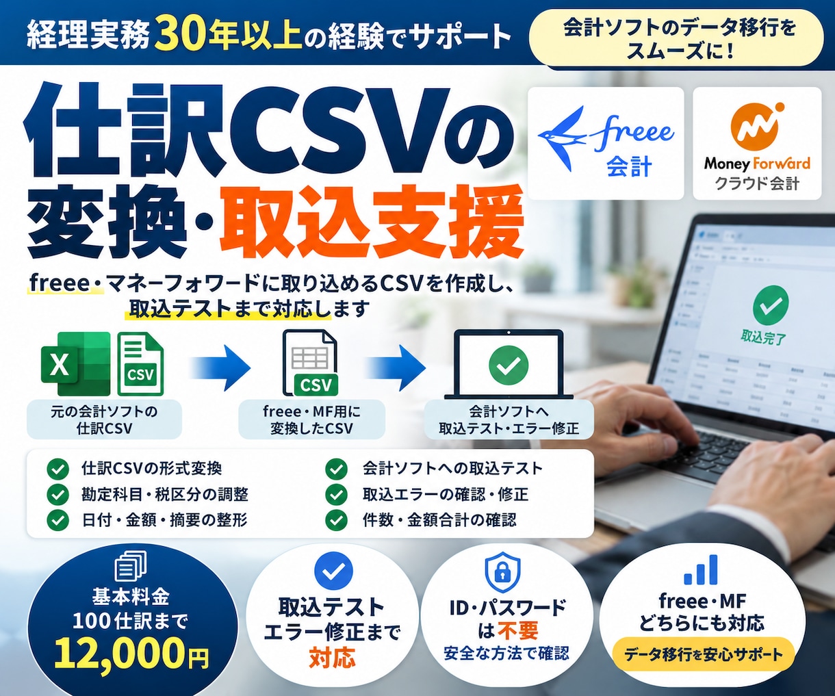 freee・MF用仕訳CSVを作成・取込確認します 仕訳CSVの変換から取込エラー修正まで対応 イメージ1
