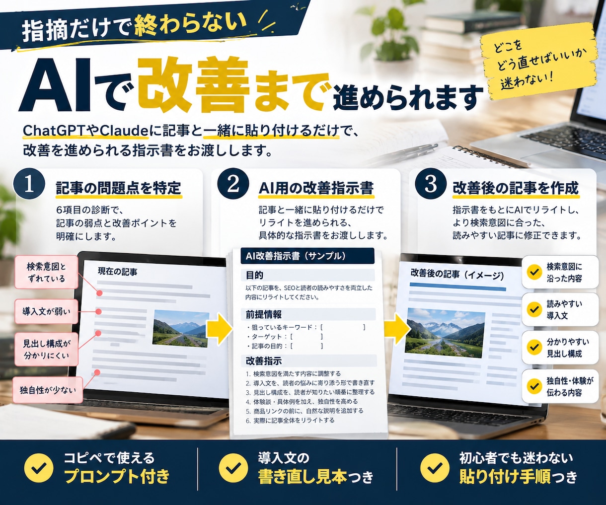 ブログ記事を添削し、AI改善指示書を作ります 直し方まで具体的に。SEOブログ向け添削 イメージ3