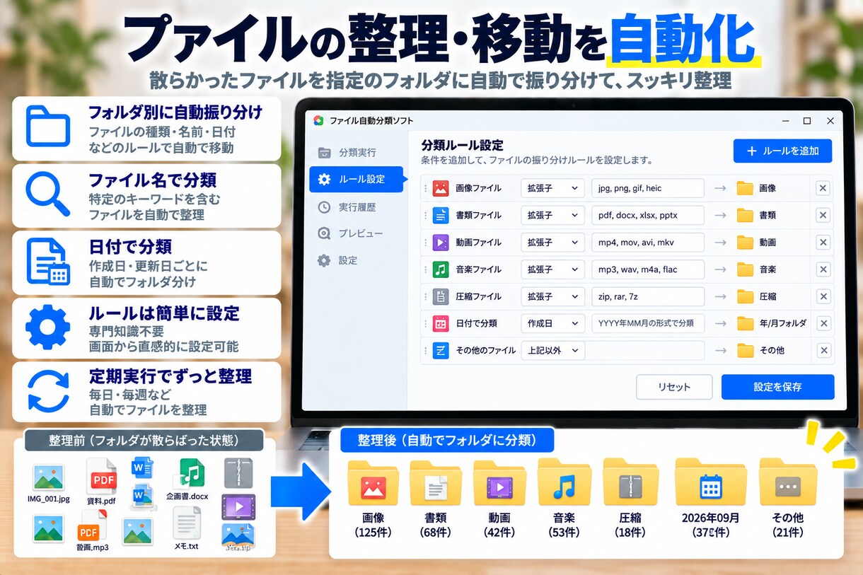 ファイルを自動で分類・整理できるツールを提供します PDF・Excel・画像などをルール通りにまとめて自動整理 イメージ6