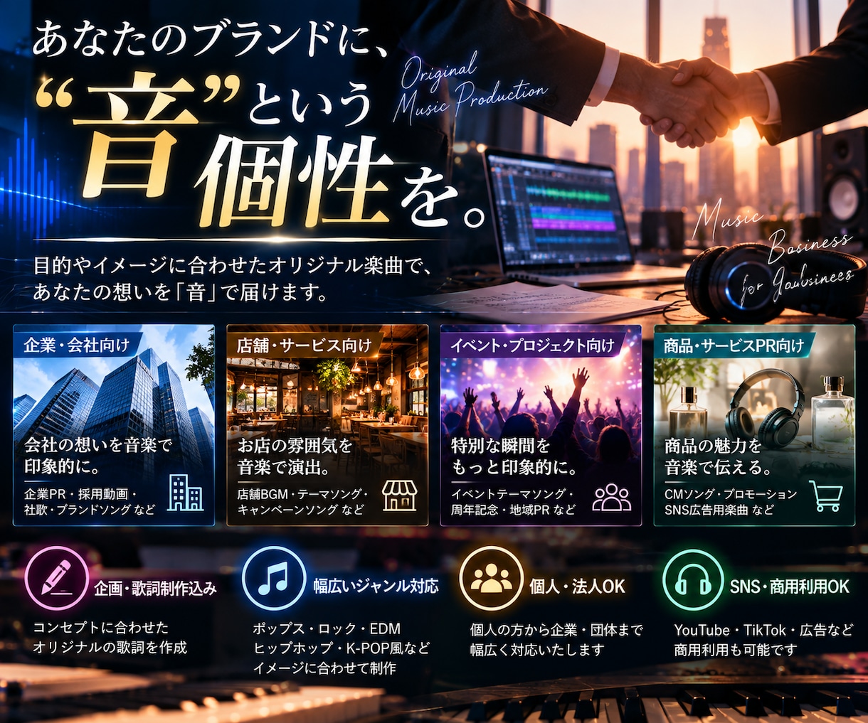 思い出をオリジナル曲にします あなたの想い・物語・ブランドを、唯一無二の一曲に。 イメージ4