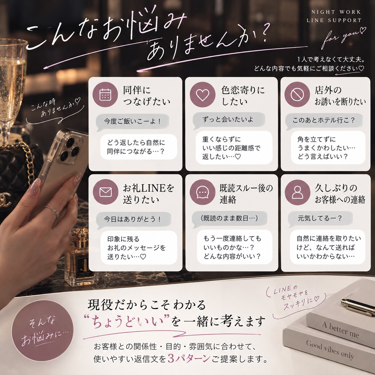 夜職のお客様LINEを自然な返信に整えます 同伴・色恋・店外対応まで実践目線でご提案 イメージ2