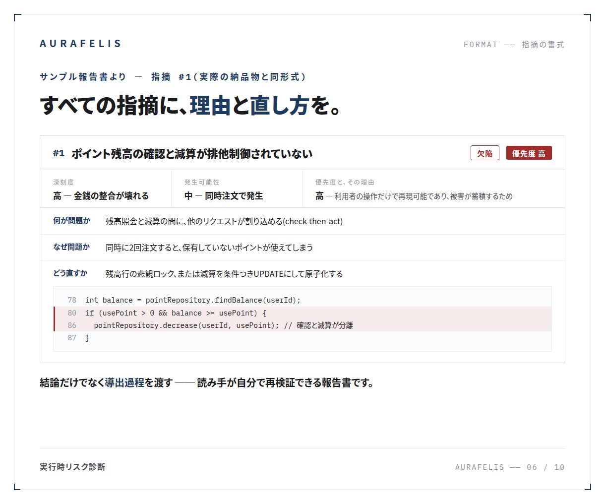 本番で壊れる前にコードの実行時リスクを診断します 金融基幹の品質基準で、本番で壊れる経路を可視化します イメージ6
