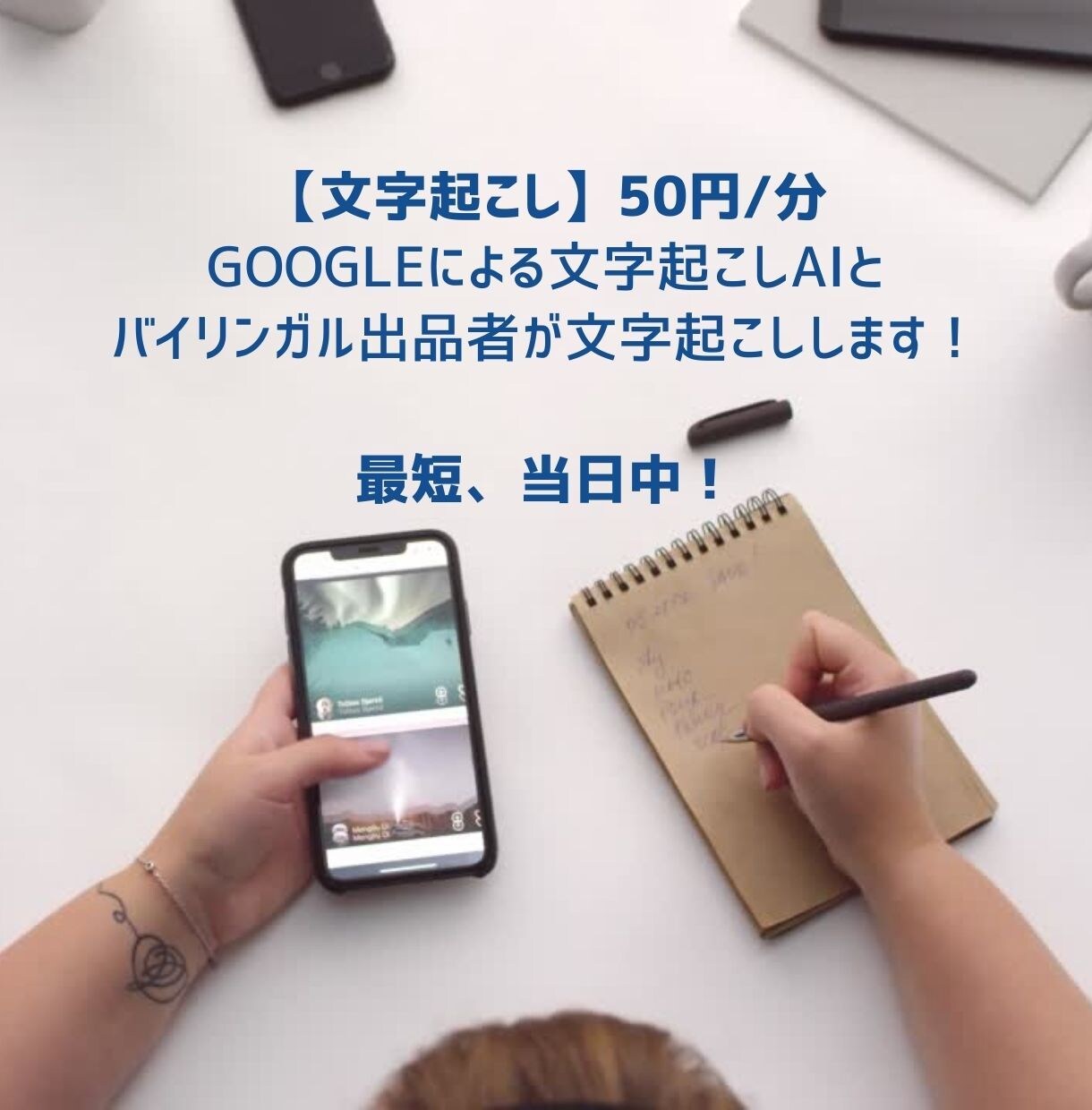 1分50円〜　当日に『文字起こし』します 最先端文字起こしAIとバイリンガルによる文字起こします！ イメージ1