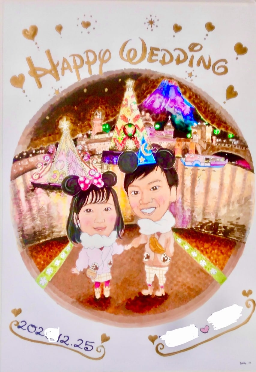 おふたりの趣味を入れ遊び心のある似顔絵を描きます 水彩画で温かみのあるウェルカムボード、両親贈答画です【A4】 イメージ1